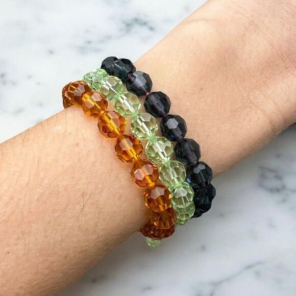 Glass Crystal Earth tone Green Orange Midnight Blue Pull Bracelet Stack 3pcs - Picture 1 of 3